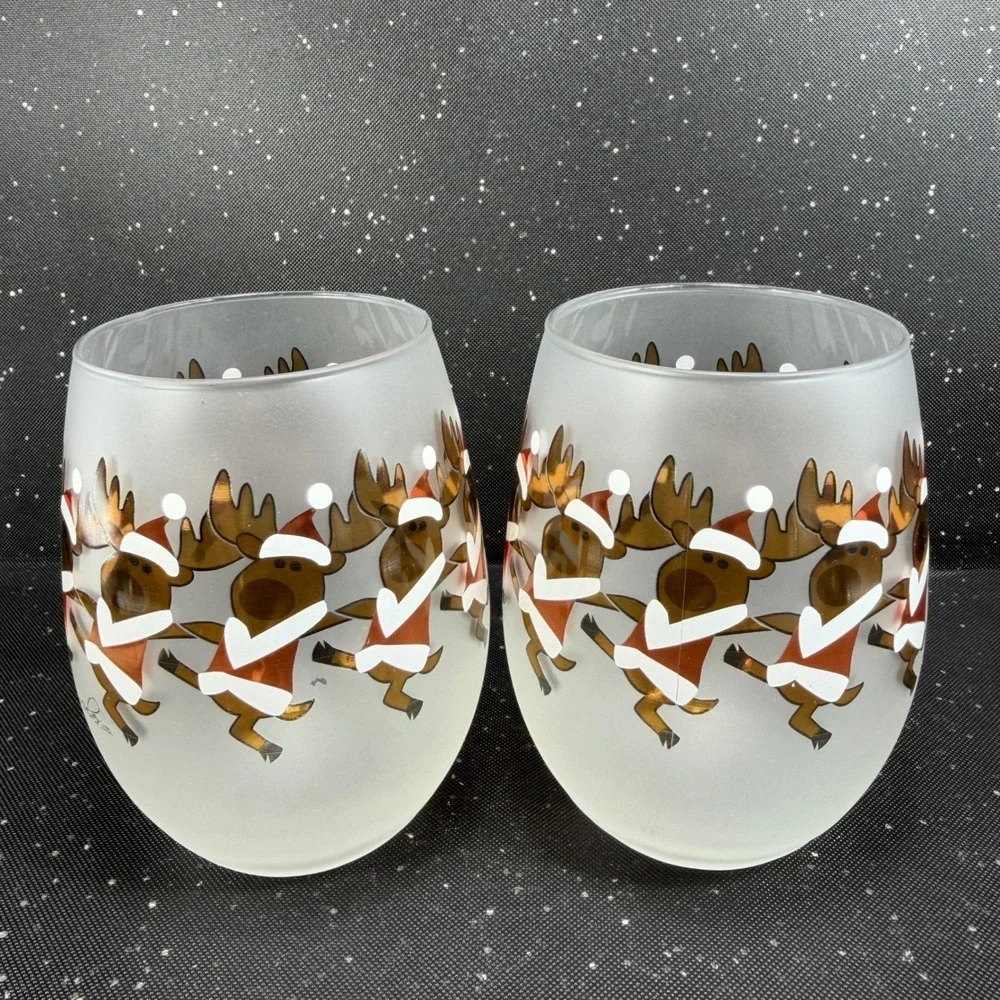 Culver Ltd Frosted Stemless Wine Glasses Dancing Reindeer Christmas Set of 2